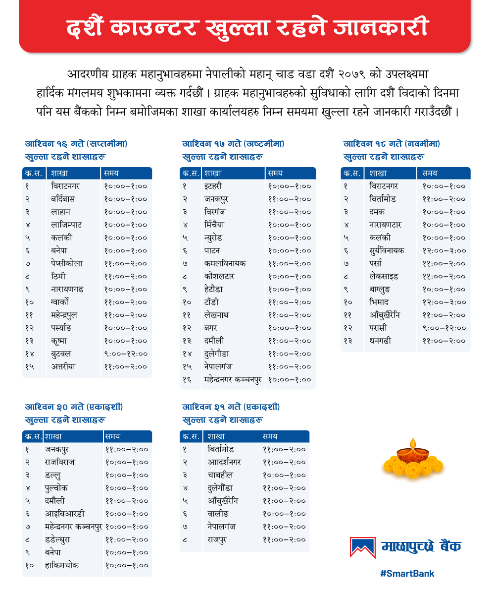 Notice for Dashain Holiday Counters