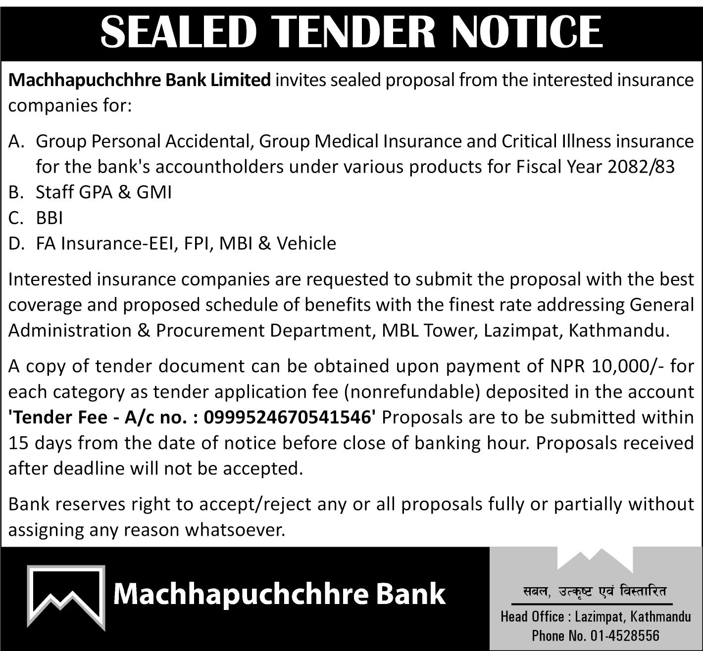 Sealed Tender Notice !!!
