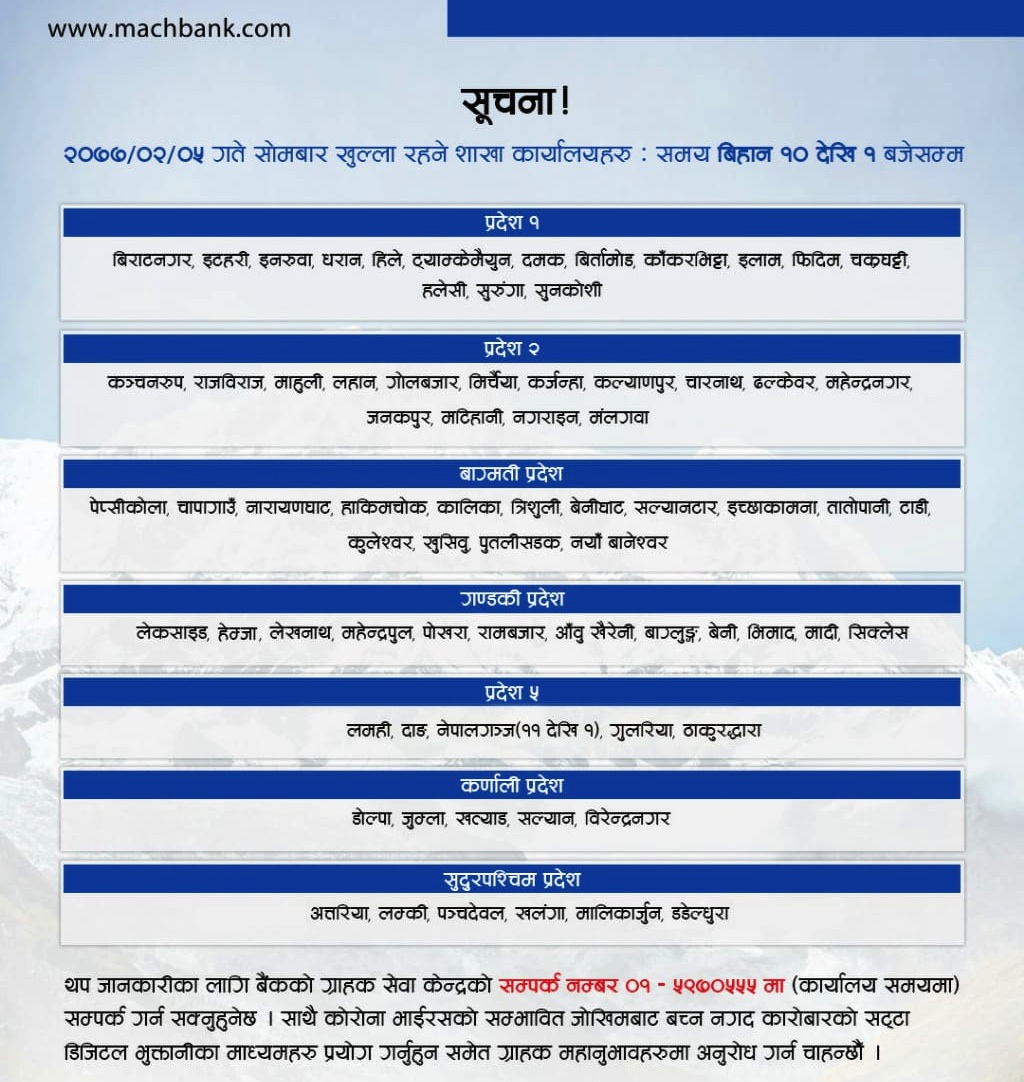 Notice regarding branches open on 18th May, 2020
