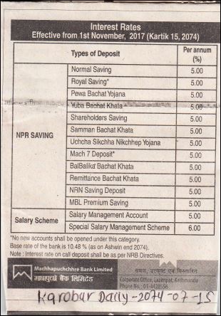 Deposit Interest Change Published on 1 November 2017